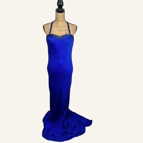 Sz 14(46 EUR) Giorgio Armani Cobalt Blue Beaded 100% Silk Halter Gown NWT $7,950 - Picture 1 of 17